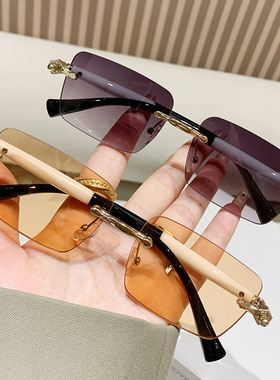 欧洲站2025新款欧美无框墨镜女高级感渐变双色镜腿时尚街拍太阳镜
