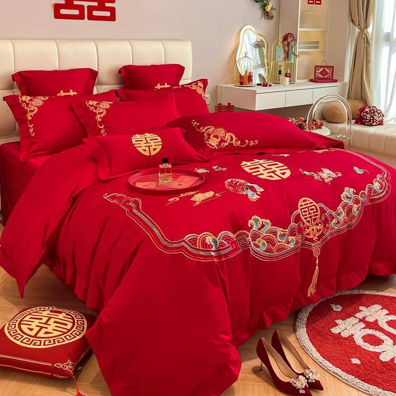 高档中式刺绣婚庆四件套大红高级感备婚被套床单喜被结婚床上用品,床上用品,婚庆床品套件,淘宝优惠券,粉丝福利购,淘宝优惠卷