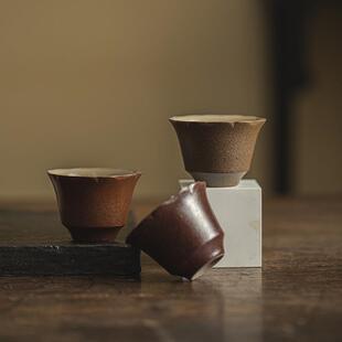 粗陶花口茶杯功夫茶具家用客杯侘寂风品茗杯紫砂土喝茶单杯 日式