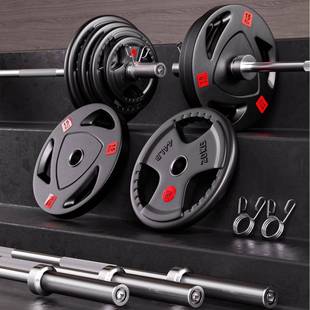 包胶杠铃片大孔铸铁手抓曲奥杆20kg杠铃杆举重100kg杠铃组合套装