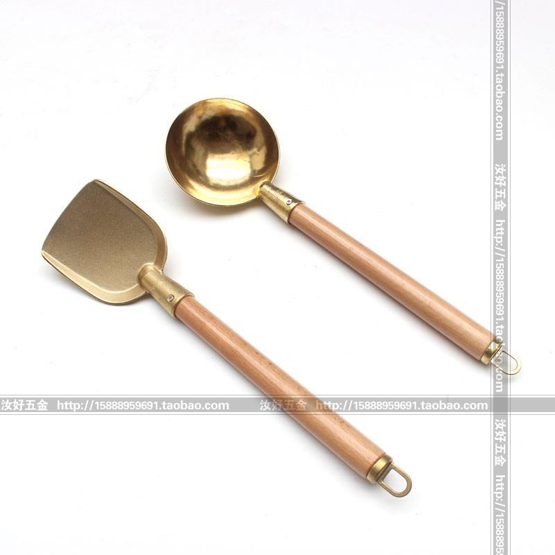 加厚纯铜铲子汤勺子手工一体锻造炒菜黄铜锅铲长柄蛋铰勺补铜餐具