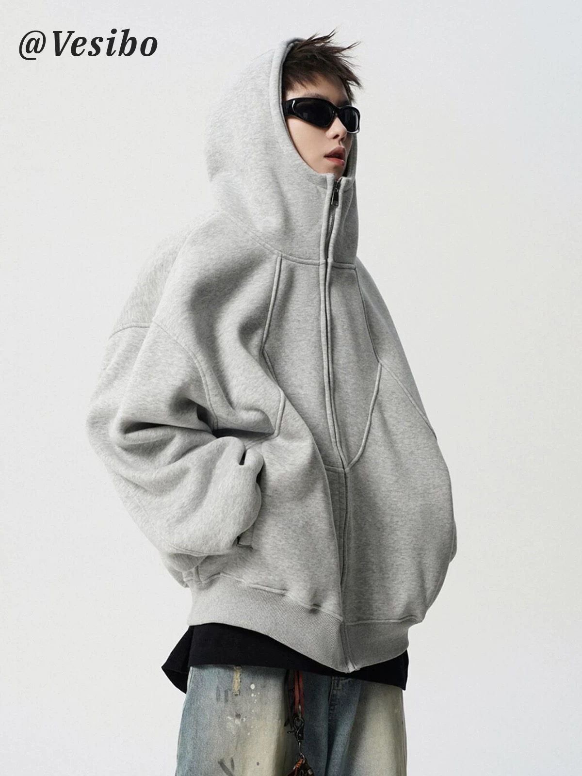 美式重磅解构连帽外套男秋季潮牌设计感拼接卫衣高街百搭情侣帽衫