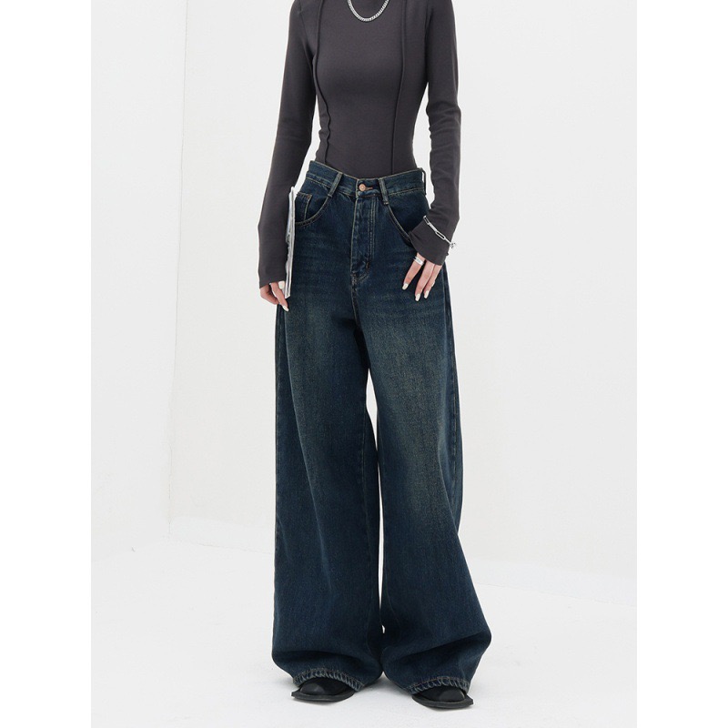 ABWEAR 秋冬复古深色加绒阔腿直筒牛仔裤女2025年新款宽松拖地裤