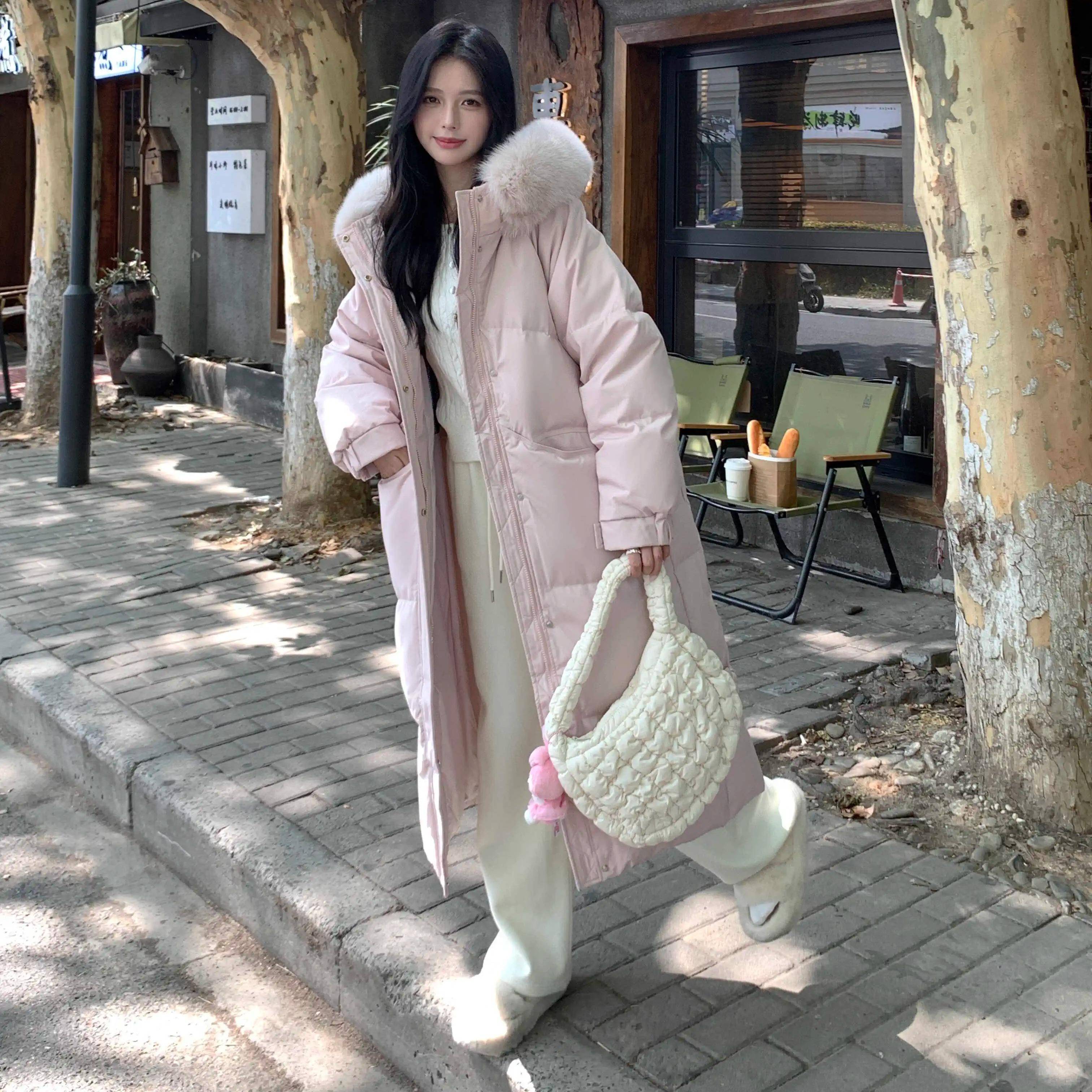 2024冬季新款白鸭绒外套大毛领中长款过膝宽松羽绒服女生连帽加厚