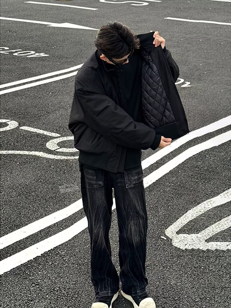 美式bomber飞行员夹克外套男款秋冬装加厚棉服廓形立领夹棉棒球服