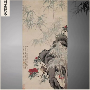 清 王武 花竹栖禽图绢本设色立轴工笔画高清微喷复制挂画装饰画
