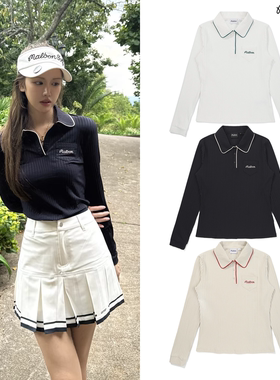 2025初秋韩国malbon高尔夫球服女款翻领长袖T恤运动修身高弹透气