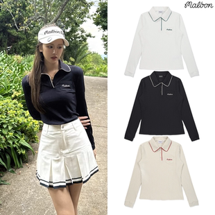 2025初秋韩国malbon高尔夫球服女款翻领长袖T恤运动修身高弹透气