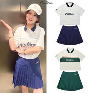 韩国MALBON高尔夫服装女款运动休闲套装翻领短袖防走光百褶裙短裙