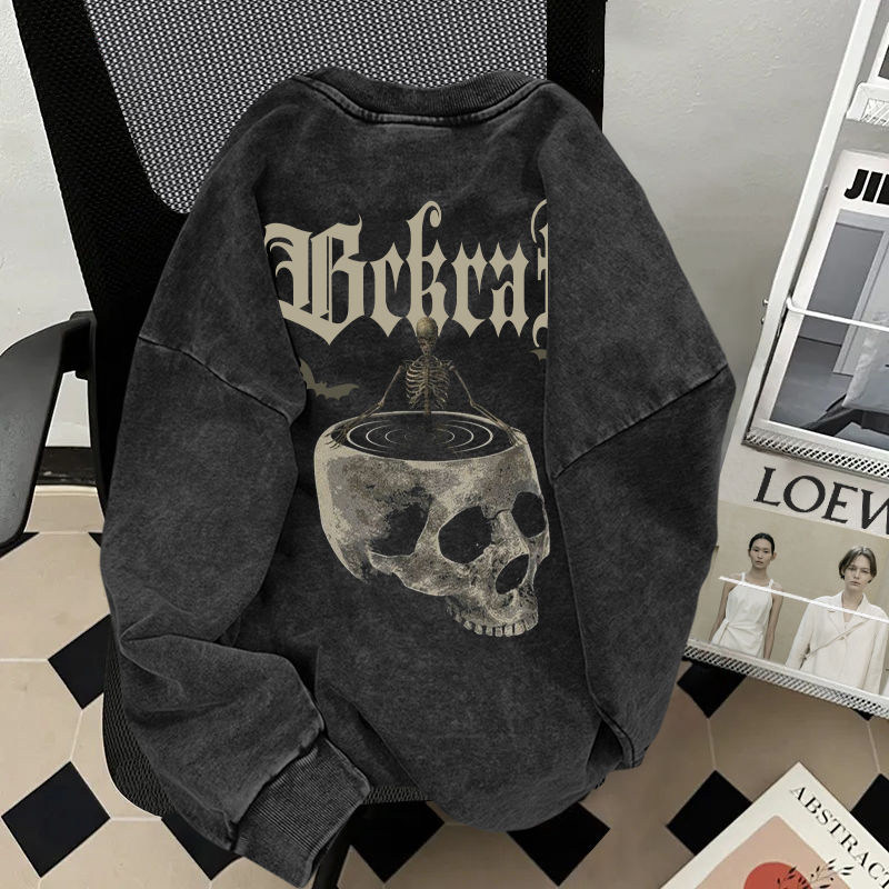 thumbnail for Plus size 300 pounds dark skull print washed sweatshirt men's and women's spring and winter heavy distressed crew neck top 2