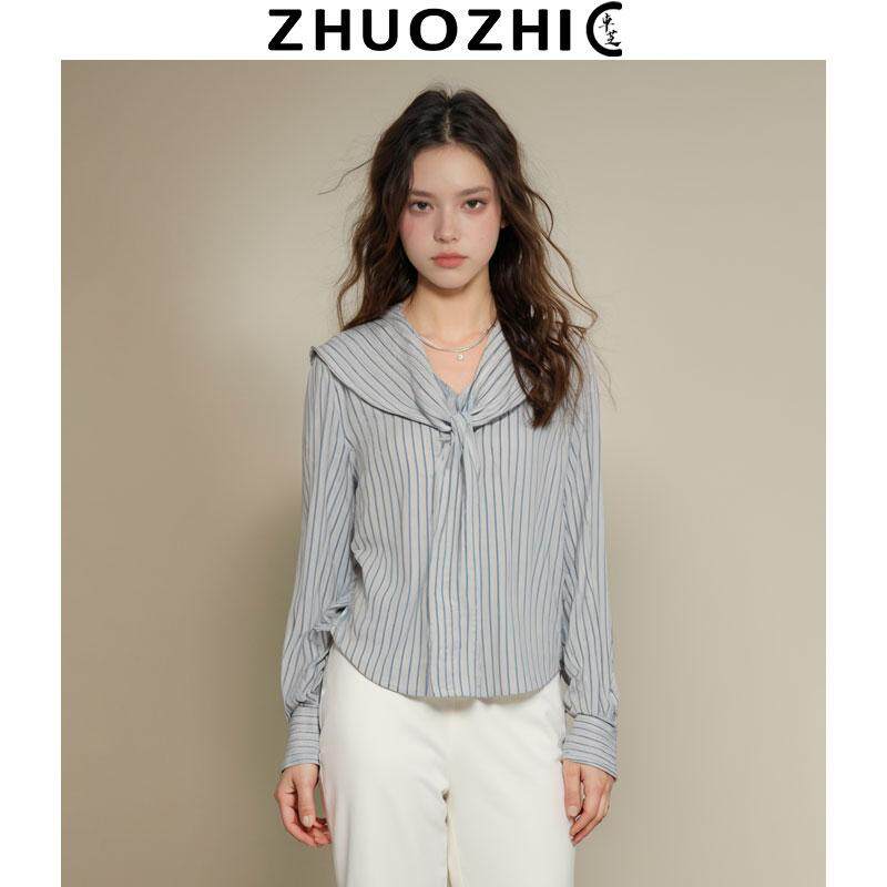 【卓芝】法式撞色竖纹海军领绑带设计衬衫女2025早秋新款时尚衬衣