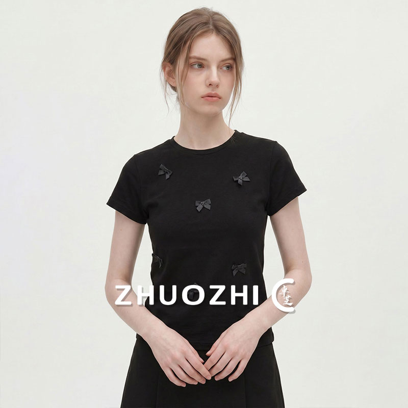 法式黑色蝴蝶结短袖T恤女图片