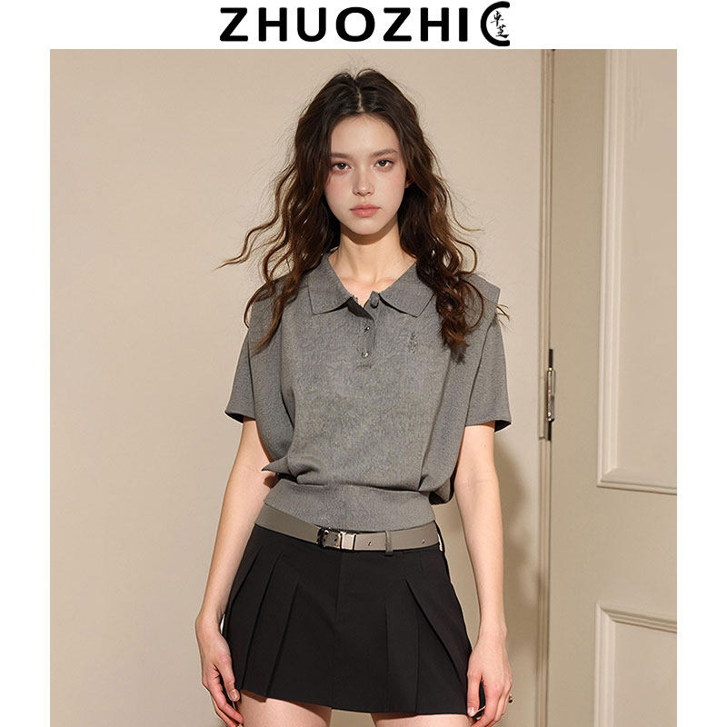 【卓芝】简约百搭翻领针织短袖T恤2025夏新款宽松通勤日常上衣