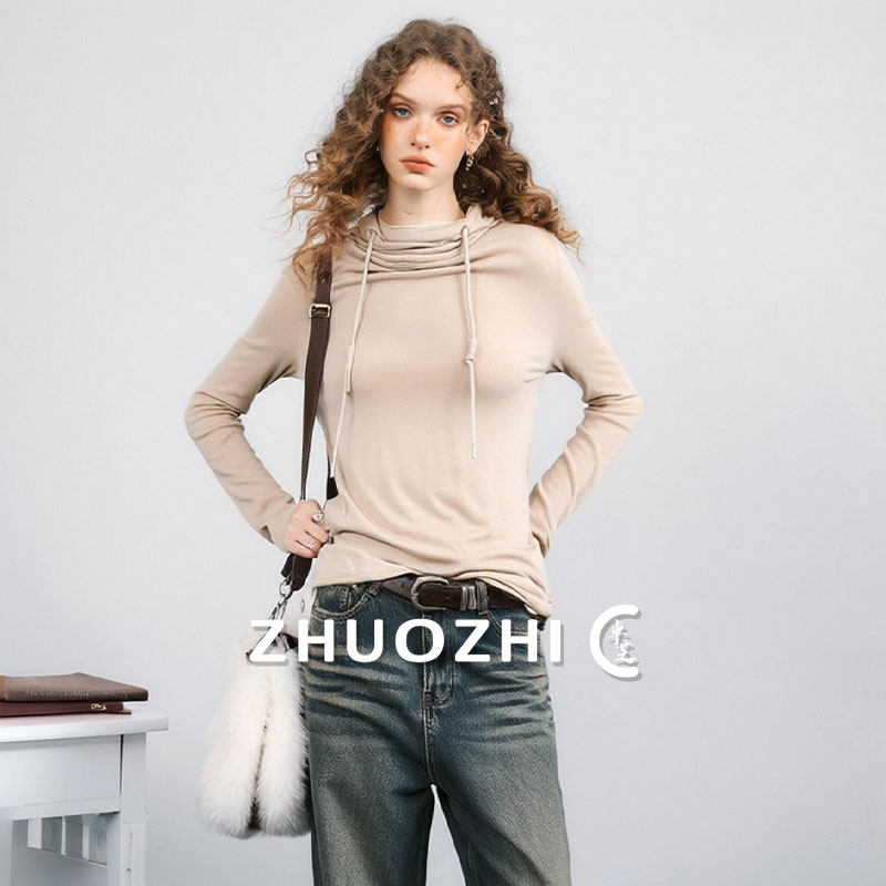 【卓芝】法式高级感连帽长袖T恤卫衣女装抽绳设计百搭通勤风上衣,女装/女士精品,T恤,淘宝优惠券,粉丝福利购,淘宝优惠卷