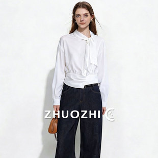 【爆款】法式白色立领绑带收腰衬衫2026春季新款长袖气质通勤上衣