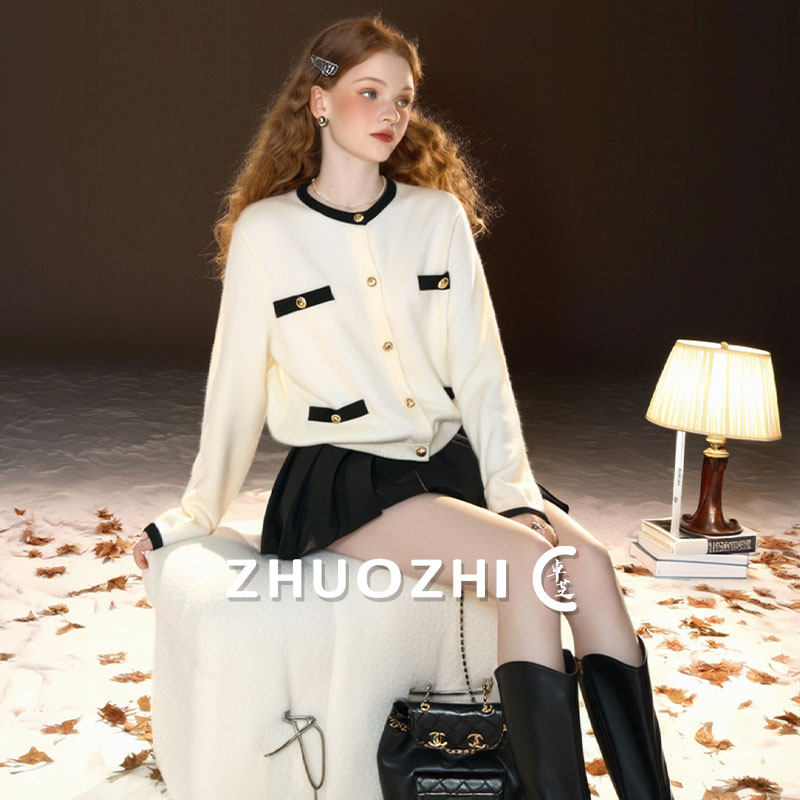 卓芝韩系撞色拼接圆领针织开衫