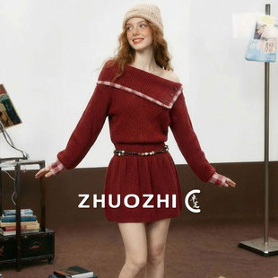 『爆款』新年红绞花拼接连衣裙女2026春季新款斜领露肩针织短裙
