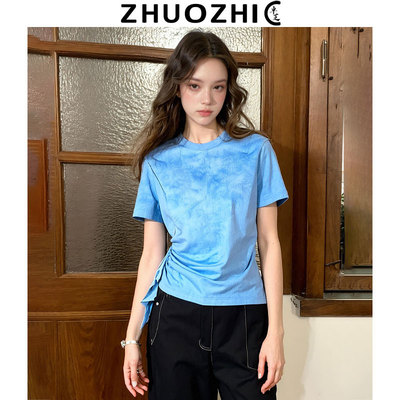 卓芝复古正肩圆领收腰短袖女