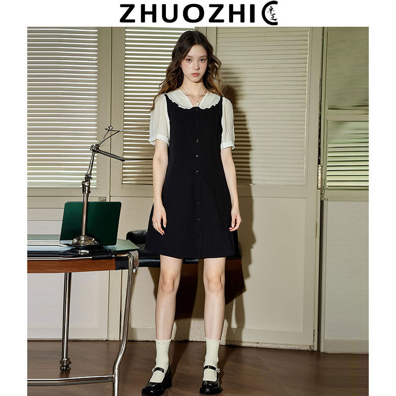 【清仓】卓芝法式娃娃领假两件连衣裙女2026夏季新款泡泡袖小黑裙
