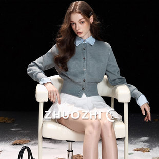 【卓芝】法式休闲撞色翻领假两件针织衫2025冬季新款百搭宽松上衣