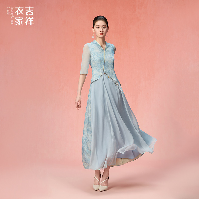吉祥衣家新中式高端国风女装夏款桑蚕丝蓝色连衣裙新款南沐成辰