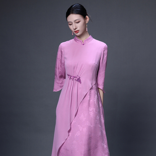 吉祥衣家新中式国风2026春夏款桑蚕丝气质修身女装长款连衣裙女裙