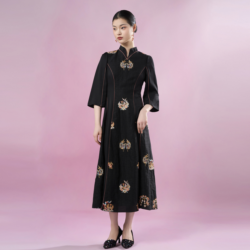 吉祥衣家凤凰相对盘金缕连衣裙