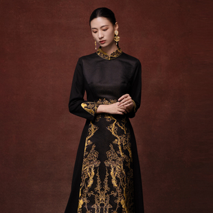 吉祥衣家新中式国风新款桑蚕丝高定女装长裙气质长袖连衣裙春秋款
