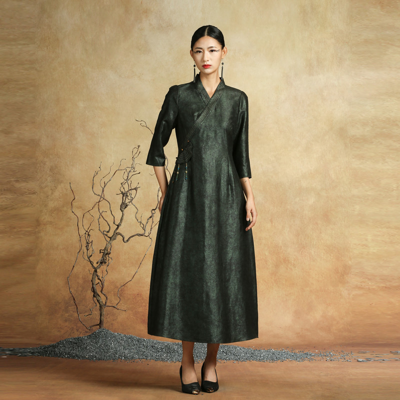 吉祥衣家新中式国风新款高端气质修身女装墨怀若谷高定真丝连衣裙