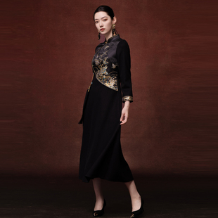 吉祥衣家新中式国风新冬款气质修身保暖绵羊毛女装娴花映月连衣裙