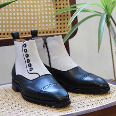 新款复古英伦布洛克男士头层牛皮皮靴复古擦色男士纽扣增高马丁靴