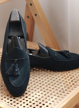 老钱英伦风头层真皮商务休闲皮鞋男ins反绒一脚蹬休闲流苏乐福鞋