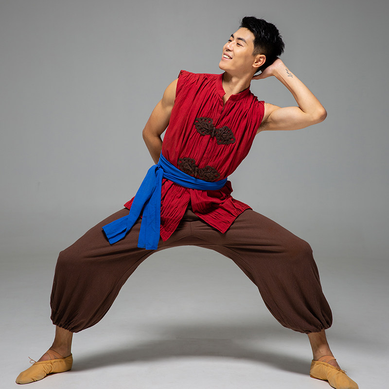 2026花鼓灯舞蹈男演出服民间舞棉麻无袖中国风广场舞农民陕北秧歌