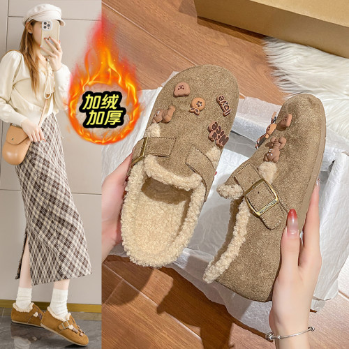 秋冬季加绒二勃肯鞋女款2026保暖一脚蹬毛毛鞋卡通装饰防1005z