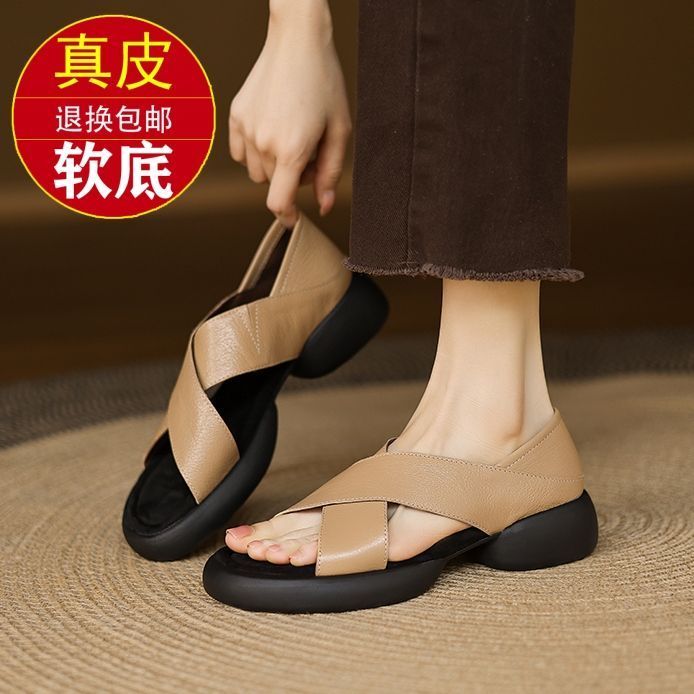 品牌断码真皮交叉带露趾凉鞋女2025新款夏外穿舒适百搭厚底凉拖鞋