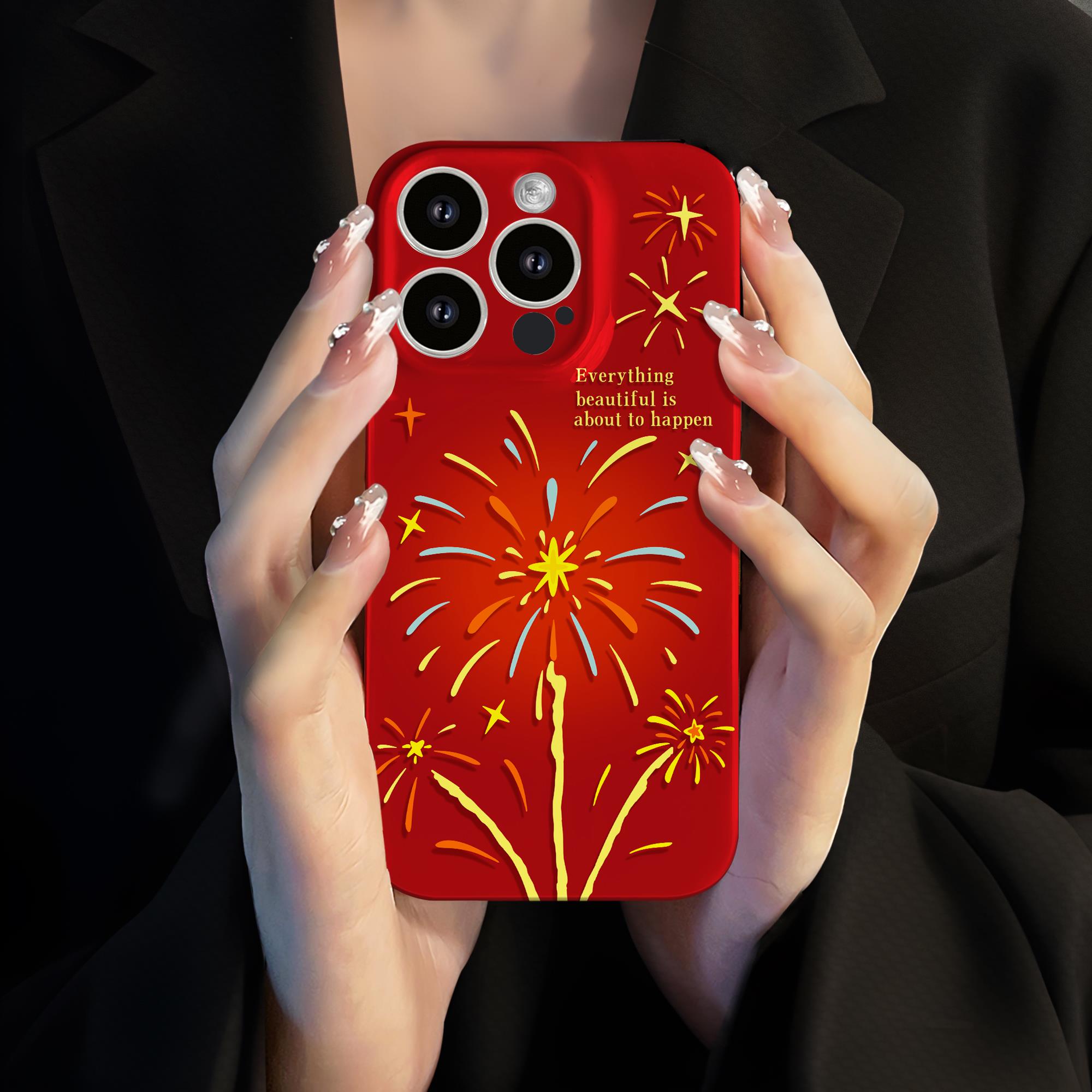 适用于苹果15promax手机壳新款iphone14高级感13pro新年12烟花菲林11软壳8plus全包7男女xs保护xr套max喜庆红