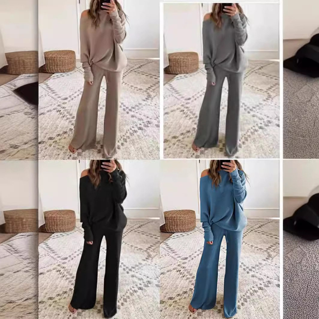 women clothes2026欧美新款女装春款休闲纯色一字肩女士针织套装
