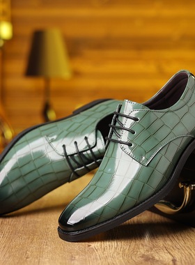 男士绿色皮鞋 压花发型师潮流系带鞋蛇纹舒适低帮鞋商务轻奢男鞋