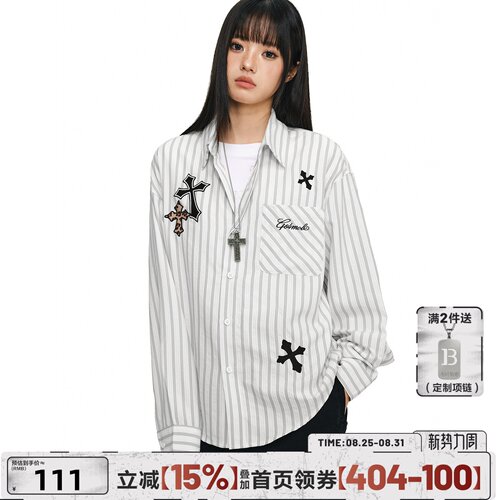 404MOB贴布刺绣撞色男女条纹翻领长袖衬衫春秋季休闲宽松百搭上衣