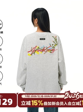 [章若楠同款]404MOB花卉刺绣长袖T恤男女美式宽松防晒圆领打底衫