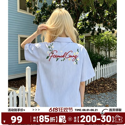 404MOB重工花卉刺绣短袖衬衫休闲情侣夏季男女中性风Cozyfit