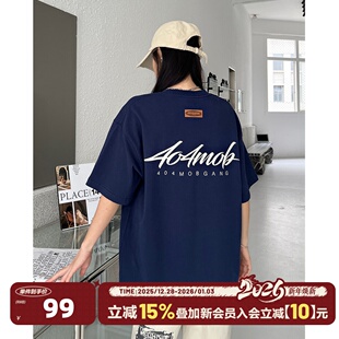 404MOB国潮徽章手写花体印花短袖 T恤男重磅简约纯棉双纱情侣体恤