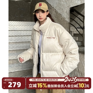 404MOB麂皮绒花体字母刺绣保暖棉服立领男女冬季 加厚情侣面包服潮