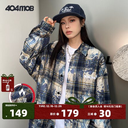 【周深同款】404MOB美式刺绣仿扎染长袖衬衫男加厚复古格子外套女