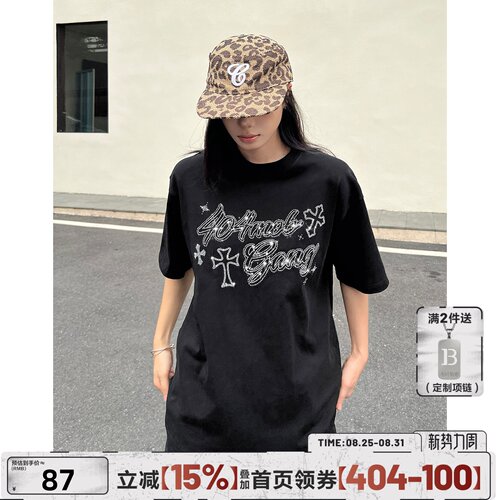 404MOB重磅280g烫钻短袖T恤男款情侣装上衣潮牌夏季半袖打底衫女