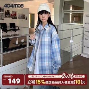 衬衫 蓝白格子长袖 男刺绣宽松休闲纯棉百搭外套 复古薄款 404MOB秋季
