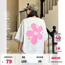 404MOB花朵刺绣圆领t恤短袖重磅夏季男女情侣宽松印花情侣半袖冰