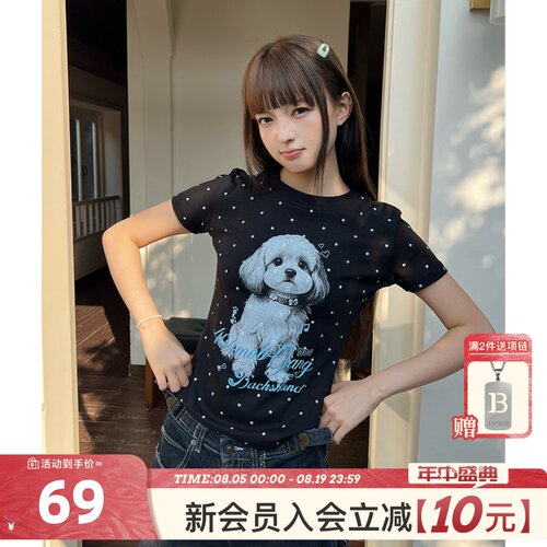 404MOB美式满印波点印花小狗短袖T恤女款显瘦弹力短款辣妹上衣夏