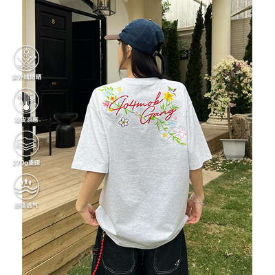 404MOB国潮牌花卉刺绣短袖t恤男夏季凉感面料2026新款宽松情侣装