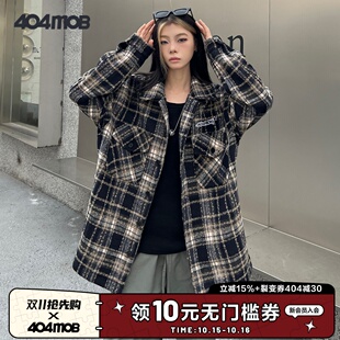 404MOB秋季 毛呢格子外套潮流小众翻领外穿情侣宽松休闲小香风夹克